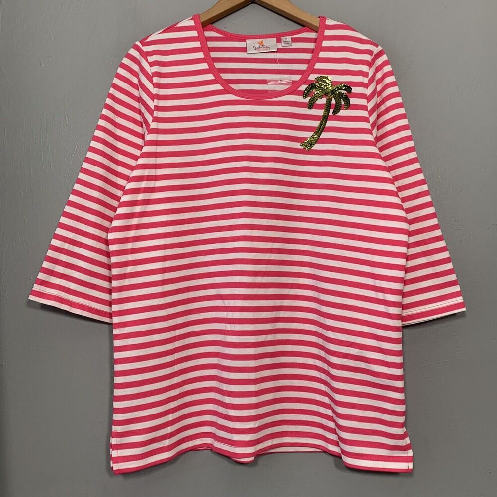 Quacker Factory Shirt Size M Sequin Palm Tree Striped Knit Tee Resort Tropical